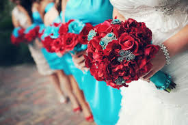 Elaborate wedding dresses from the gypsy wedding tv series. Real Touch Bridal Bouquet With Rhinestone Brooch Accents Red And Aqua Red Bridal Bouquet Bridal Bouquet Red Wedding