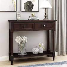 Espresso Narrow Console Table Sofa Table With Drawers Wood Entryway Ta