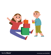 Happy Children Playing Building Blocks Cartoon