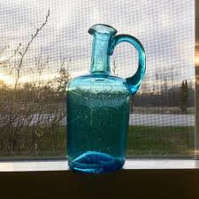 Hand Blown Teal Blue Glass Vase Vintage