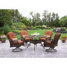 Wood is always in style as a classic and durable patio furniture material. Better Homes And Gardens Azalea Ridge Patio Dining Set Outdoor Wicker Cushioned 5 Piece Walmart Com Walmart Com