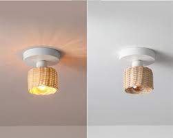 Natural Rattan Shade Led Ceiling Lamp
