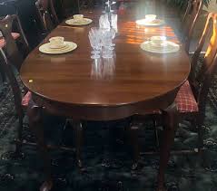 The backs have shell carved crests, over vase shaped splats and seats upholstered in a neutral gray/beige damask pattern. Monitor Furniture Company Cherry Dining Table W 6 Chairs 3 Leaves H 30 Inches W 84 Inches Auction Crowning Touch Auction Gallery