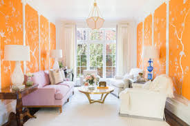 75 white living room with orange walls