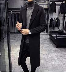 Men Black Woolen Overcoat Vintage Long