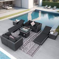 9 Piece Patio Gray Wicker Sectional Sofa Sets With Fire Pit Table Chaise Lounge Corner Chair And Gray Cushions For Pool