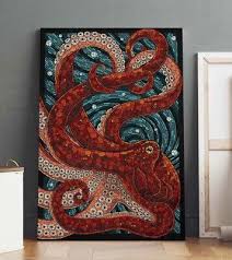 Red Octopus Mosaic Print Asian Wall Art