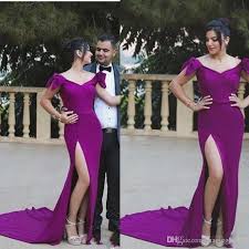 Simple Purple Prom Dresses Sexy High Split Sweep Train Evening Gowns Cap Sleeve Saudi Arabia Cocktail Party Dress Cheap