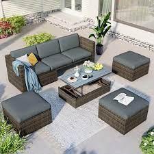 5 Piece Patio Wicker Outdoor Sofa Sectional Set With Adustable Backrest And Lift Top Coffee Table In Gray Cushions