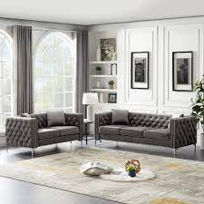 2 piece grey velvet upholstered living