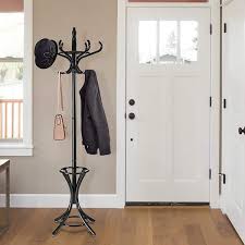 Clihome Black Wooden Standing Coat Rack Tree With 12 Hooks And Umbrella Stand Black 12
