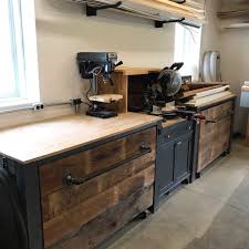 reclaimed wood faced work cabinets
