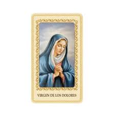 Estampa de la Virgen de los Dolores plastificada con oracion - Tienda online | Estampería San José