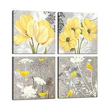 Yellow And Gray Grey Flower Wall Art