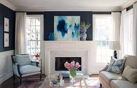 Blue Grasscloth Fireplace Wall