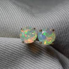 opal earrings 18k yellow gold faceted opal studs 0 94 carat certified opal real genuine natural opal jewelry 6mm round cut great fire