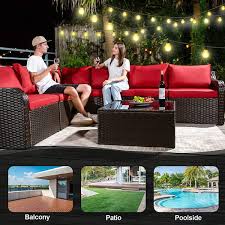 Cesicia 7 Piece Outdoor Patio Furniture Set Rattan Wicker Conversation Set With Red Waterproof Cushion