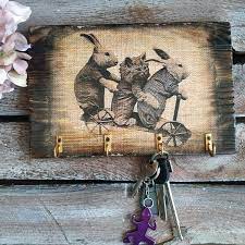 Rustic Key Holder For Wall With Rabbits