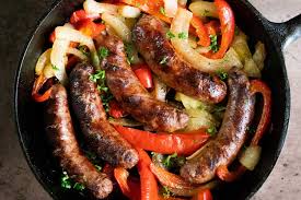 grilled beer brats with peppers and