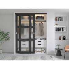 Calhome 60 In X 80 In 3 Lite Frosted Tempered Glass Sliding Double Bypass Closet Doors With Installation Hardware Kit Black