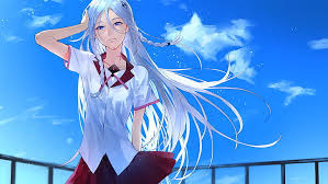 Some of my hair is slightly darker (still a super super light blonde though) and it makes a huge difference in the color. Hd Wallpaper Anime Girls School Uniform Blue Hair Blue Background White Hair Wallpaper Flare