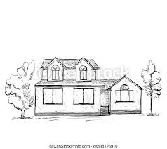 Now get your green pen out and start coloring the branches!! House Sketch Hand Drawn Landscape Vector Landscape Sketch Drawing Of The Village House Among The Trees Canstock