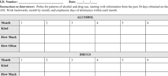 Drug Alcohol 6 Month Follow Back Calendar Download Table