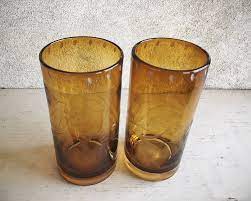 Two Vintage Amber Glass Tumblers Etched