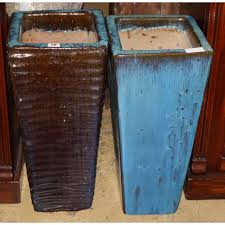 Two Blue Glazed Tall Garden Planters W