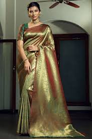 olive green wedding saree with weaving
