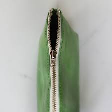 green leather makeup bag handcrafted
