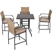 Outsunny 5 Pcs Rattan Wicker Bar Table Chair Set 4 Chairs And 1 Wood
