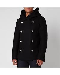 Balmain Hooded Wool Pea Coat In Black