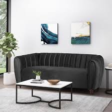 Richland Modern Glam Velvet Channel Stitch 3 Seater Sofa Black And Walnut