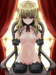 hara takehito, original, highres, 1girl, amputee, blonde hair, blue eyes,  breasts, chair, choker, goth fashion, looking at viewer, nipples, not  amused, nude, pussy, quadruple amputee, sitting, sketch, solo, symmetry,  uncensored 