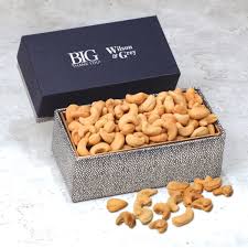 fancy cashews in navy silver gift box