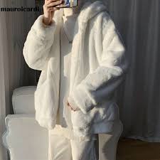 White Faux Fur Coat Men With Hood Long