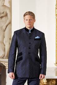 Mens navy blue color tuxedo shawl black lapel velvet wedding party dinner $ 180. Navy Blue Silk Damask Nehru Jacket With Velvet Collar And Pockets