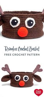 Just finished the rudolph hat and am using the same pattern but replacing the red nose with black and antlers for a bow to make a clarice hat for my daughter. Free Reindeer Crochet Basket In Red Heart Super Saver Yarn Decorate Your Holiday Home With This Endeering Croch Crochet Crochet Basket Afghan Crochet Patterns
