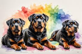 set of dogs breed rottweiler painted in