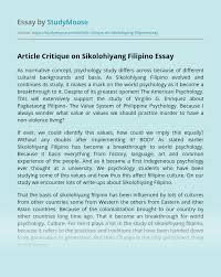 A critique paper is an academic writing genre that summarizes and gives a critical evaluation of a concept or work. Article Critique On Sikolohiyang Filipino Free Essay Example