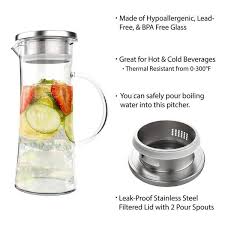 Glass Pitcher 50oz Carafe With Stainless Steel Filter Lid Heat