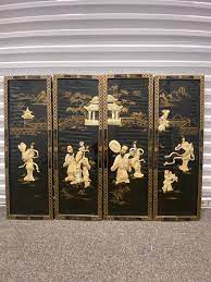 Set Of 4 Oriental Black Lacquer Wall