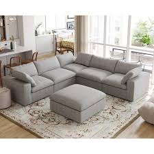 Magic Home 120 In Modular Linen Flannel Upholstered Free Combination Large 6 Seat L Shape Corner Sectional Sofa With Ottoman Gray