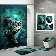 4pcs wolf shower curtain set