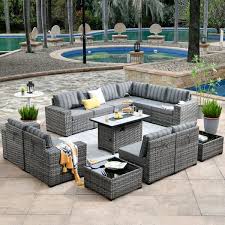 Hooowooo Tahoe Grey 13 Piece Wicker Wide Arm Outdoor Patio Conversation Sofa Set With A Fire Pit And Striped Grey Cushions