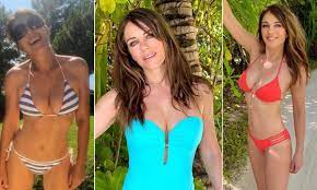 Lovely liz hurley looks better than ever 20 years after that dress. Elizabeth Hurley S Sizzling Bikini Snaps From Plunging Swimsuits To String Two Pieces Hello