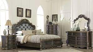 Old world wood top bedside chest. Old World Traditional Upholstered King Bedroom Set Dark Brown Ebony Gold