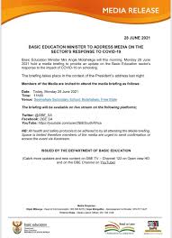 Minister of basic education angie motshekga held a media briefing on saturday, 19 june 2021, where she announced that all adults working in public and independent schools; Department Of Basic Education South Africa Urgent Media Invitation Minister Angie Motshekga To Brief The Media Today 28 06 2021 Following The President S Announcement Last Night Facebook