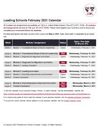 The above lists the annual 2021 calendar in the printable online format and many other formats like excel, google docs, words, etc. Certificate In School Management And Leadership Leading Schools February 2021 Course Calendar By Professional Education Hgse Issuu